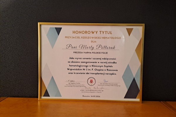 Honorowy Tytuł - Przyjaciel Rzeszowskiej Hematologii